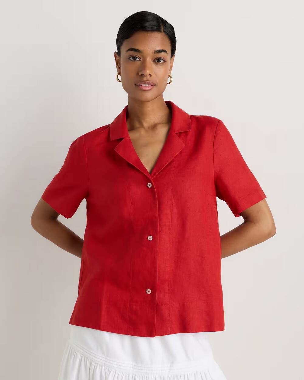 Quince 100% European Linen Short Sleeve Button Up Shirt Red Chile Size S